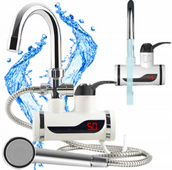 Elektrischer Wasserhahn mit Duschfunktion | Durchlauferhitzer, verstellbarer Auslauf, Handbrause | weiß | RX-018-WHITE
