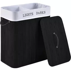 Wäschekorb | 100 l | zweigeteilt, aus Bambus und Holz, auch als Spielzeugbox geeignet | schwarz | ZYL-100L-BLACK