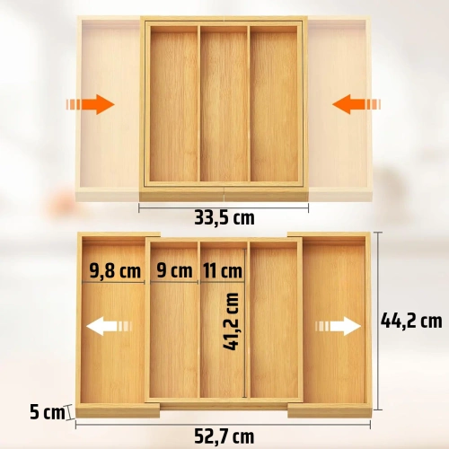 Besteckkasten | Bambus, ausziehbarer XL-Einsatz für Schubladen mit 5 Fächern | KBT-G513