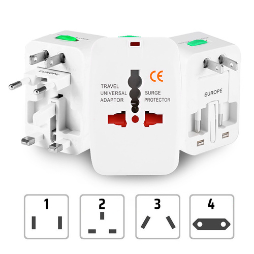 Multifunktionales Reiseadapter, Netzadapter mit Ladegerät und zwei USB-Anschlüssen | EU/USA/CN/UK/AUS | AD-T202
