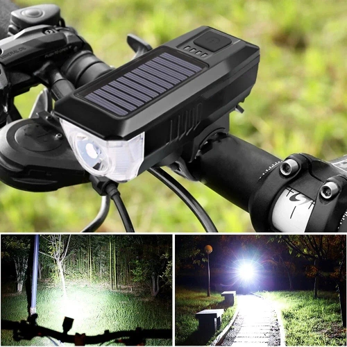  Solar-Fahrradlicht mit leistungsstarker 350lm LED, 120dB Hupe und USB/Solar-Aufladung | Fahrradlichter mit Hupe | QX-LY-17