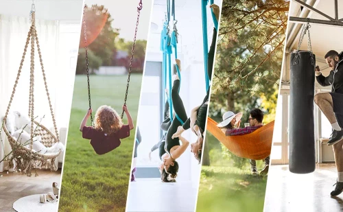 Montageset für Hängesessel, Schaukeln, Hängematten | Halterung, Kette 1,5 m, 2x Karabiner, 4x Dübel | ACS-08-silber