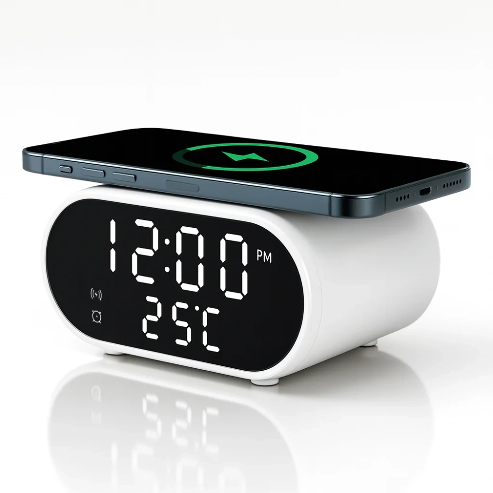 Smartphone liegt auf weißem Wecker und wird kabellos geladen