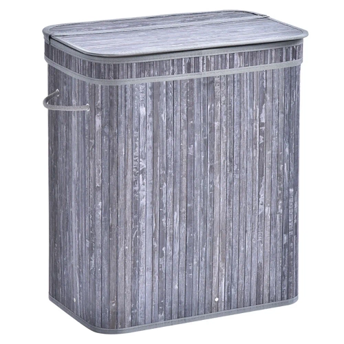 Grauer Wäschekorb | Bambus-Spielzeugkiste | Holzwäschekorb | Zweikammer-Wäschesammler für das Badezimmer | RYL-100L-GREY