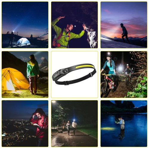 LED-Stirnlampe mit Bewegungssensor | 2 Lichtquellen - COB + XPE | 1200mAh, IPX4, 500lm | HWL-006