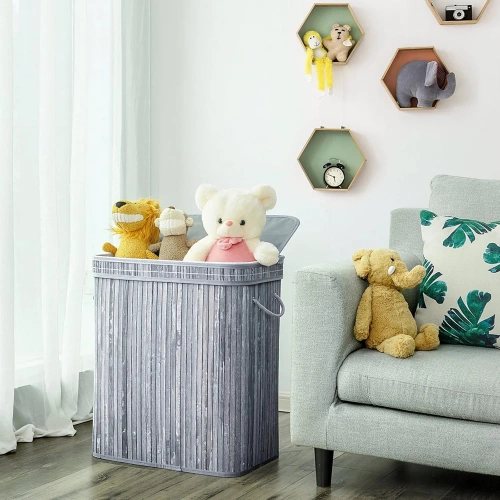 Grauer Wäschekorb | Bambus-Spielzeugkiste | Holzwäschekorb | Zweikammer-Wäschesammler für das Badezimmer | RYL-100L-GREY