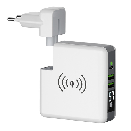 Multifunktionsnetzladegerät | 2x USB-A 1x USB-C | Powerbank 6700mAh | Induktive Qi-Ladestation | KP-Super