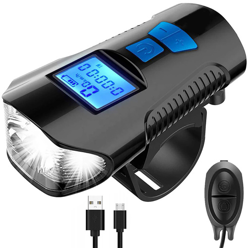 LED-Fahrrad-Frontleuchte | integrierte Hupe 120 dB | Fahrradcomputer-Funktion | 4 Leuchtmodi, 300 lm, 8 h Laufzeit, 1.500 mAh | BL063