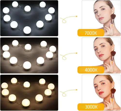 Spiegelleuchten für Schminktisch, Make-up | 10 Stück, 3 Lichtfarben, Helligkeitsregelung, 2m USB-Kabel | HZJ-V10