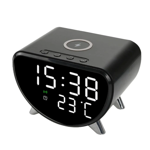Smarter LED-Wecker mit 15-W-Qi-Ladegerät, Thermometer und 3 Alarmen | USB-Uhr fürs Schlafzimmer | SZ07-15W-BR