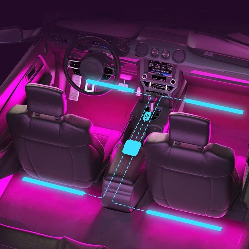 RGB-LED-Autoinnenbeleuchtung über USB | Bluetooth-Verbindung mit der Anwendung auf dem Telefon | 4x LED-Streifen 12 Dioden 5050 22cm | IR-Fernbedienung | Musikmodi 