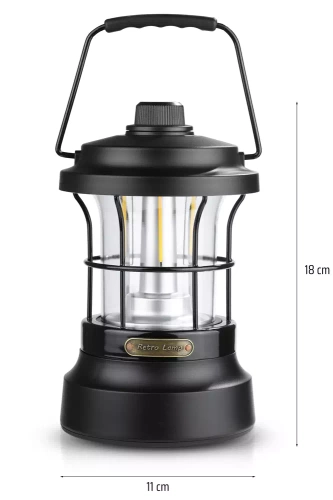 LED Campinglampe im Retro-Stil mit Powerbank-Funktion | Stufenlose Helligkeits- und Farbregelung | 3000mAh, 20-260lm, 5-120h, IPX6 | Schwarz | MY-880