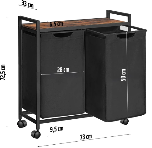 Wäschekorb mit Regal | Doppelfach-Wäschekorb | Wäschekorb mit Rollen | MZ-B20-BLACK