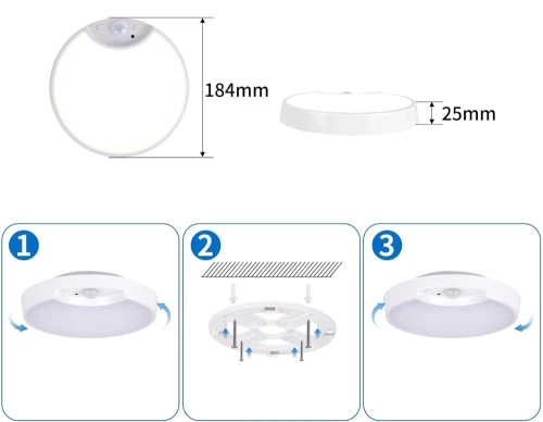 Deckenleuchte mit integriertem Akku | LED-Deckenleuchte mit Dämmerungssensor und Bewegungssensor | C2772-WEISS