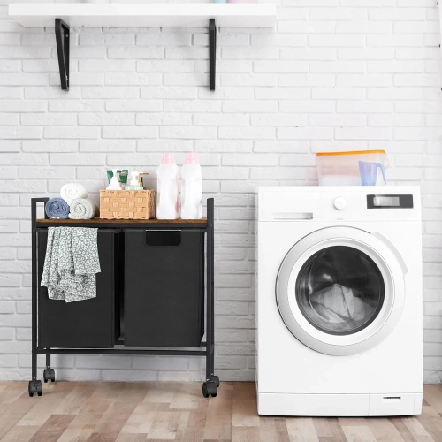 Wäschekorb mit Regal | Doppelfach-Wäschekorb | Wäschekorb mit Rollen | MZ-B20-BLACK