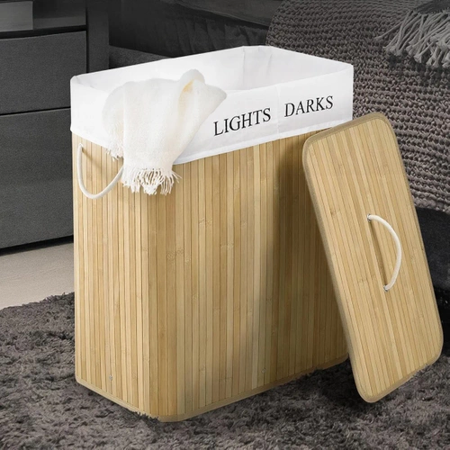 Wäschekorb | 100 l, zweiteilig, aus Bambus und Holz, auch als Spielzeugbox verwendbar | ZYL-100L-LIBR