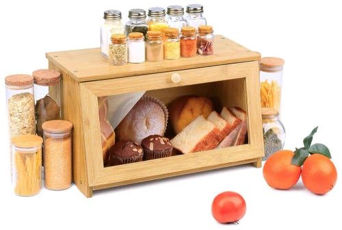 Bambus Brotkasten | Holzbehälter für Brot, Brötchen, Gebäck | Lebensmittelbehälter, Vorratsdose | FC-B023