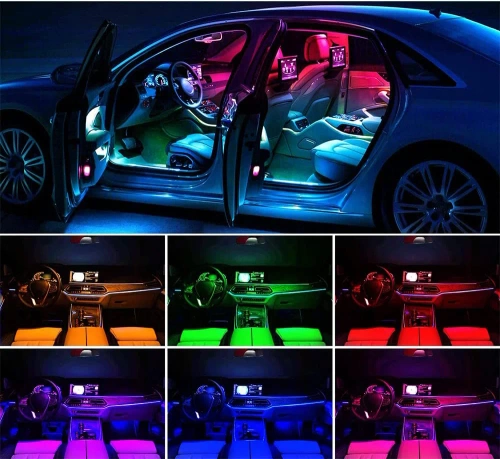 RGB-LED-Autoinnenbeleuchtung über USB | Bluetooth-Verbindung mit der Anwendung auf dem Telefon | 4x LED-Streifen 12 Dioden 5050 22cm | IR-Fernbedienung | Musikmodi 