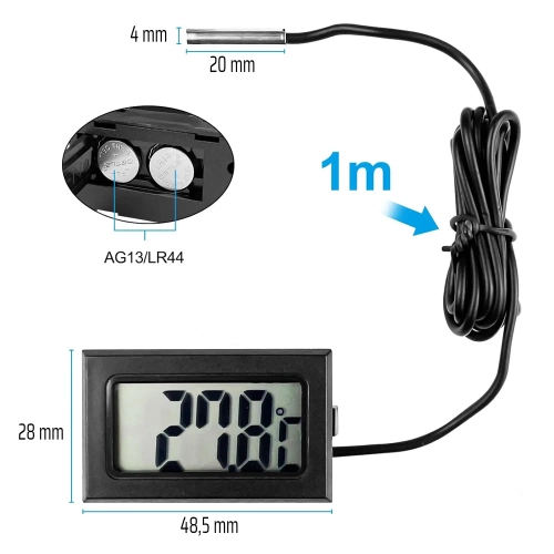 Digitales Thermometer | Mini-Messgerät mit wasserdichter Sonde | schwarz | KTM-050-BLACK