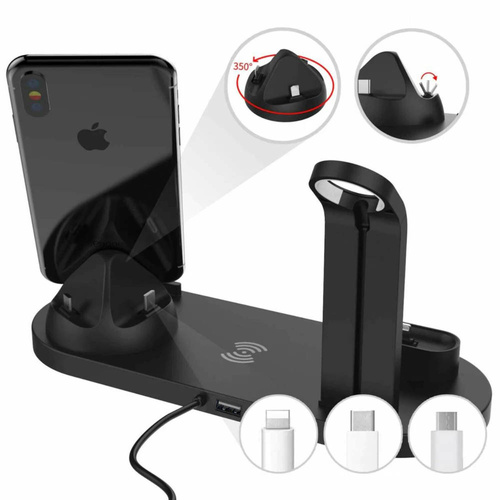 Wireless Dockingstation QI für Apple iPhone Airpods Watch | kabelloses Ladegerät 15W | 3 Stecker - USB-C / Lightning / Micro USB | WD-02