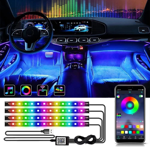 LED-Innenraumbeleuchtung für Auto unter USB | Bluetooth-Verbindung mit Smartphone-App | 4x LED-Streifen 12 SMD 5050 22 cm | IR-Fernbedienung | Musikmodi