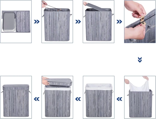 Grauer Wäschekorb | Bambus-Spielzeugkiste | Holzwäschekorb | Zweikammer-Wäschesammler für das Badezimmer | RYL-100L-GREY