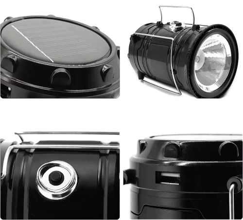Solar Camping LED Laterne, Taschenlampe mit Powerbank-Funktion | Schwarz | HWL-001-EU