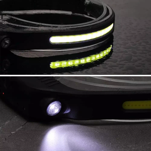 LED-Stirnlampe mit Bewegungssensor | 2 Lichtquellen: COB + XPE | 1.200 mAh, IPX4, 500 lm | HWL-006