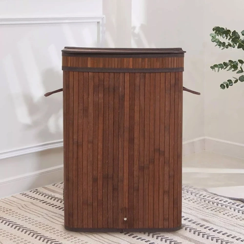 Brauner Wäschekorb | Bambus-Spielzeugkiste | Holzwäschekorb | Zweikammer-Wäschekorb für das Badezimmer | RYL-100L-DABR