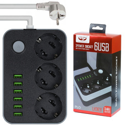 Überspannungsschutz-Steckdosenleiste | 2 m | 3 x 230 V Steckdosen und 6 x USB 5 V Anschlüsse | Verlängerungskabel 2 m | CX-U613