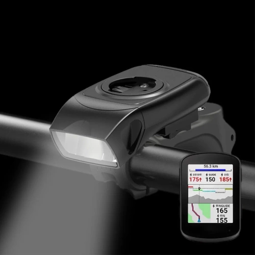 3in1 LED Fahrradlampe mit Hupe | Halterung für Garmin GPS-Computer oder Telefon | Intelligente Beleuchtung mit eingebautem Akku | 05BQ0062