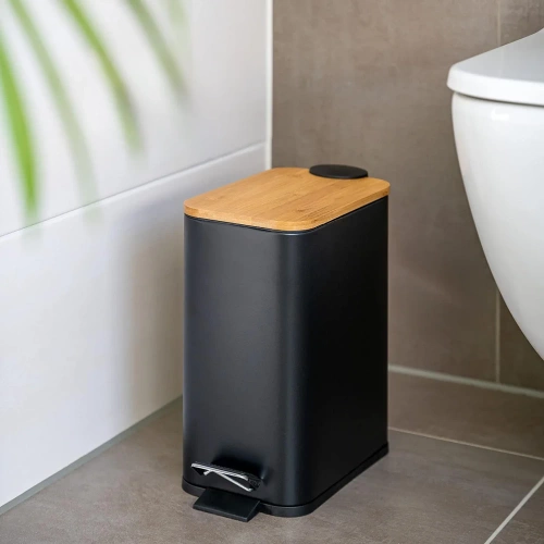 Badezimmer Mülleimer | rechteckig, Bambusdeckel, Pedal | 5 Liter, Schwarz | GY-TC5L