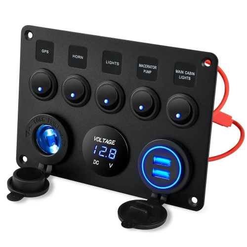 Bedienfeld 12V 24V IP65 mit USB | Bedienfeld mit beleuchteten Schaltern | Dual-USB-Ladegerät 2,1 A/5 V | 12V Zigarettenanzünderbuchse 
