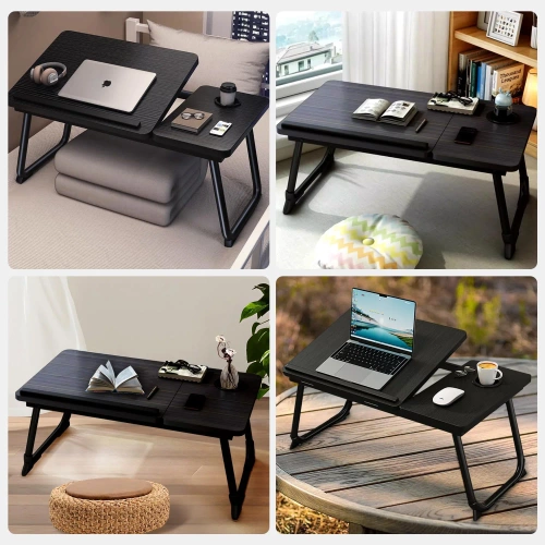 Klappbarer Laptop-Tisch mit Neigungsverstellung | Funktionstisch mit zusätzlicher Ablagefläche | Mobile Bettablage | LFD-5532-BK