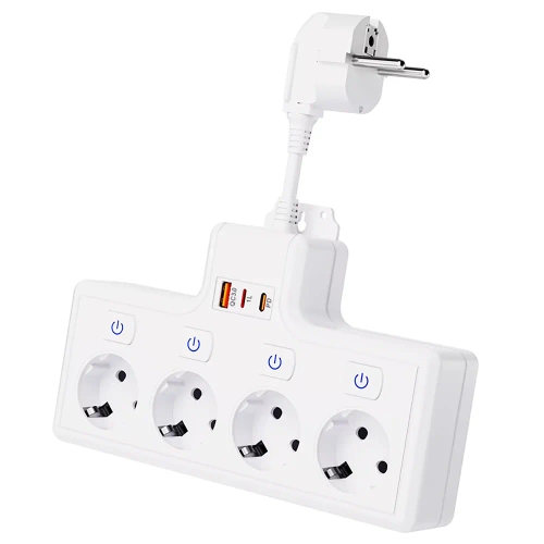 Steckdosenleiste mit 4 Schuko-Steckdosen 45° mit USB-A, USB-C PD 20 W und Lightning | BGS-A+C+L-W