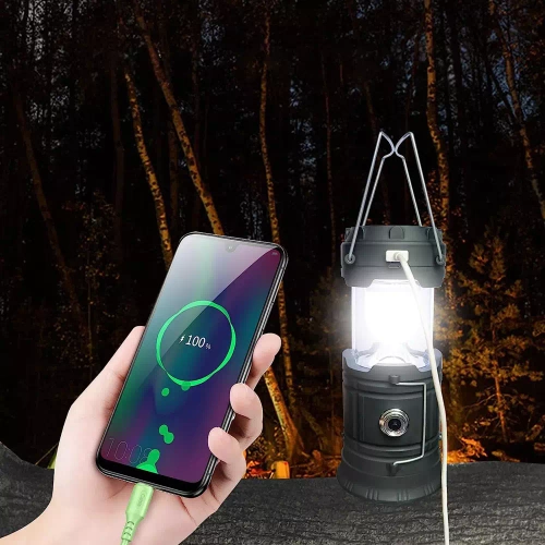 Solar Camping LED Laterne, Taschenlampe mit Powerbank-Funktion | Schwarz | HWL-001-EU