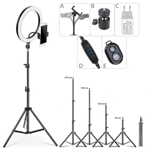 4-in-1 | Ringlicht 260 mm | Einstellbares Stativ 210 cm | Netzladegerät WA-001 | Bluetooth iOS / Android Fernbedienung | SENY 260T