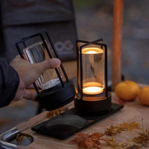 Camping-Tischlampe mit eingebautem 2000mAh Akku und Touchpanel | 3 Lichtfarben, dimmbar | Schwarz | HJA27