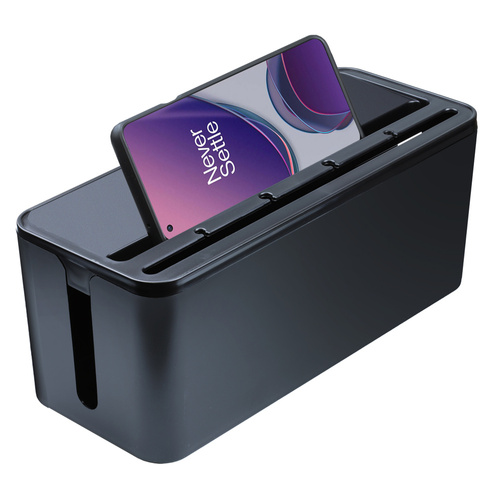 Kabelbox Organizer mit Smartphone-Halterung | Aufbewahrungsbox für Steckdosenleisten und Kabel | schwarz | JB2318-Black