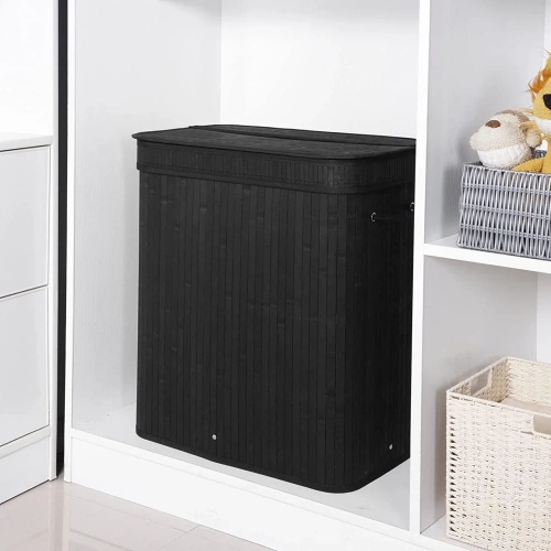 Schwarzer Wäschekorb | Bambus Spielzeugkiste | Holzwäschekorb | Zweifach Wäschekorb für das Badezimmer | RYL-100L-BLACK