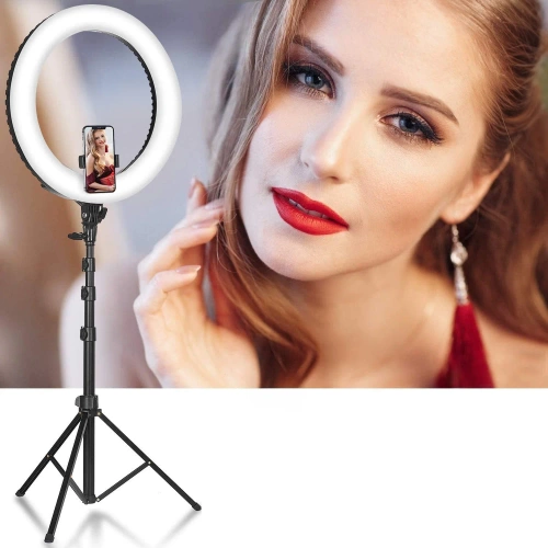 Ringlicht 45 cm mit Stativ 210 cm | Beleuchtungsset für Make-up oder Streaming | RL-480 2in1