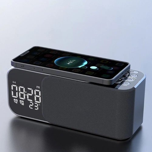 FM-Radio mit Wecker und kabelloser Ladefunktion | Multifunktionslautsprecher mit Bluetooth und Induktionsladegerät | WD-500-BK