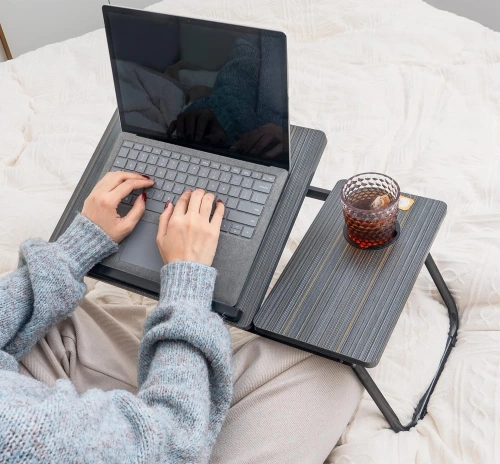 Klappbarer Laptop-Tisch mit Neigungsverstellung | Funktionstisch mit zusätzlicher Ablagefläche | Mobile Bettablage | LFD-5532-BK