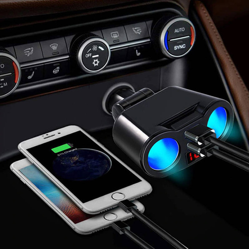 Zigarettenanzünder-Steckdose-Verteiler mit 2 USB-Anschlüssen 3.1A | Voltmeter | C10
