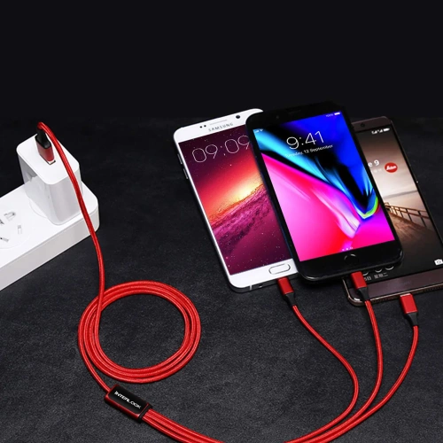 USB 3-in-1 Kabel | Micro-USB, USB Typ-C, Lighting | Nylon-Kabel 1,2m | B5-3in1-rot