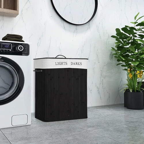 Wäschekorb | 100 l | zweigeteilt, aus Bambus und Holz, auch als Spielzeugbox geeignet | schwarz | ZYL-100L-BLACK