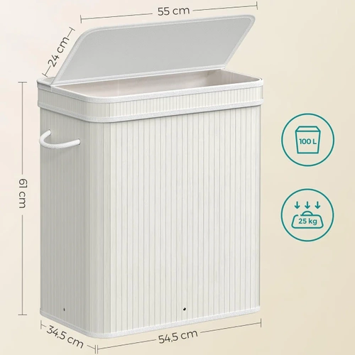 Wäschekorb | 100 l | zweigeteilt, aus Bambus und Holz, geeignet als Wäsche- oder Spielzeugbehälter für Bad | RYL-100L
