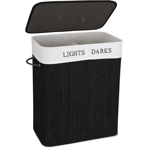 Wäschekorb | 100 l | zweigeteilt, aus Bambus und Holz, auch als Spielzeugbox geeignet | schwarz | ZYL-100L-BLACK