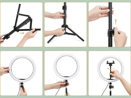 LED-Ringleuchte | 26 cm mit Stativ 210 cm, Set mit Handyhalter für Make-up, Streaming und Aufnahmen |