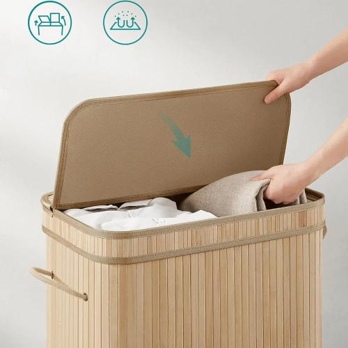 Holzkorb für Wäsche | Bambusbehälter für Spielzeug | Holzkorb für Kleidung | Zwei-Kammer-Wäschesammler für das Badezimmer | RYL-100L-LIBR